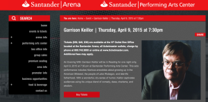 Garrison Keillor will appear at the Santander Area in Reading, PA on April 9.