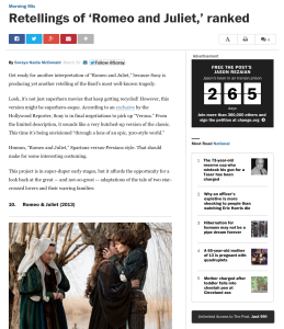 A screenshot of McDonald's article "Retellings of 'Romeo and Juliet' ranked. She's seen all ten of them. And not because she had to write the article. 
