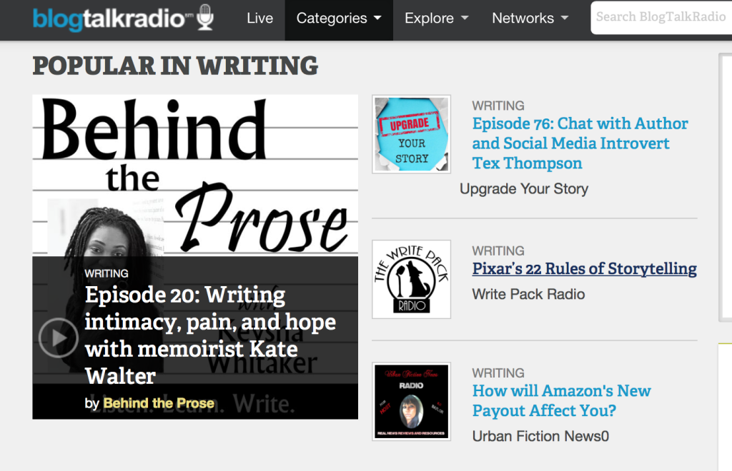 Kate Walter ranked #1 in writing podcasts on Blogtalkradio.