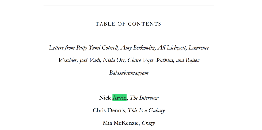 Nick Arvin's name is highlighted in issue 51 of McSweeney's.